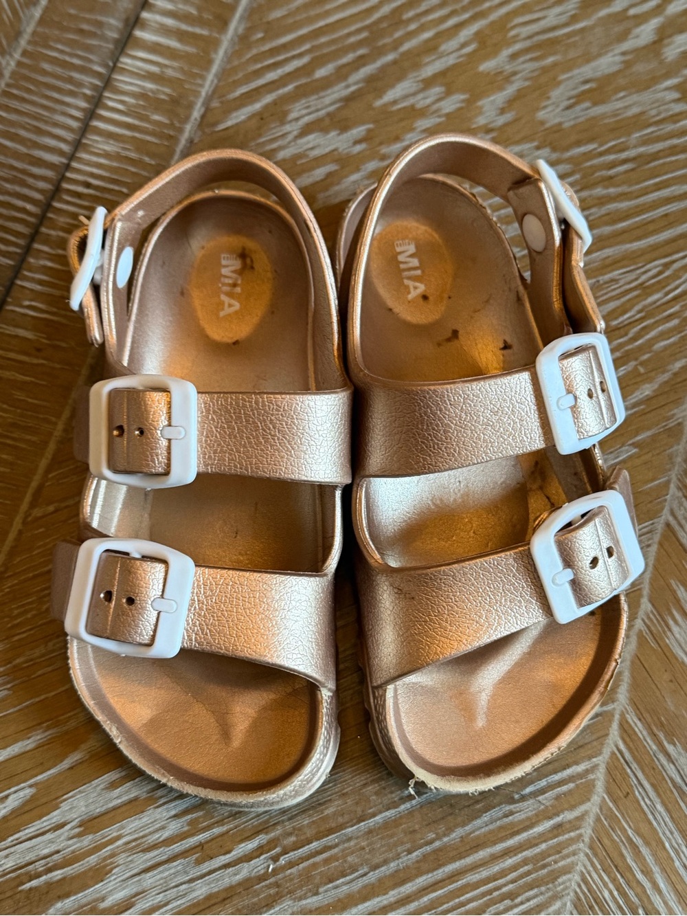 MIA Kids Metallic Rose Gold Double-Buckle Sandals with White Buckles